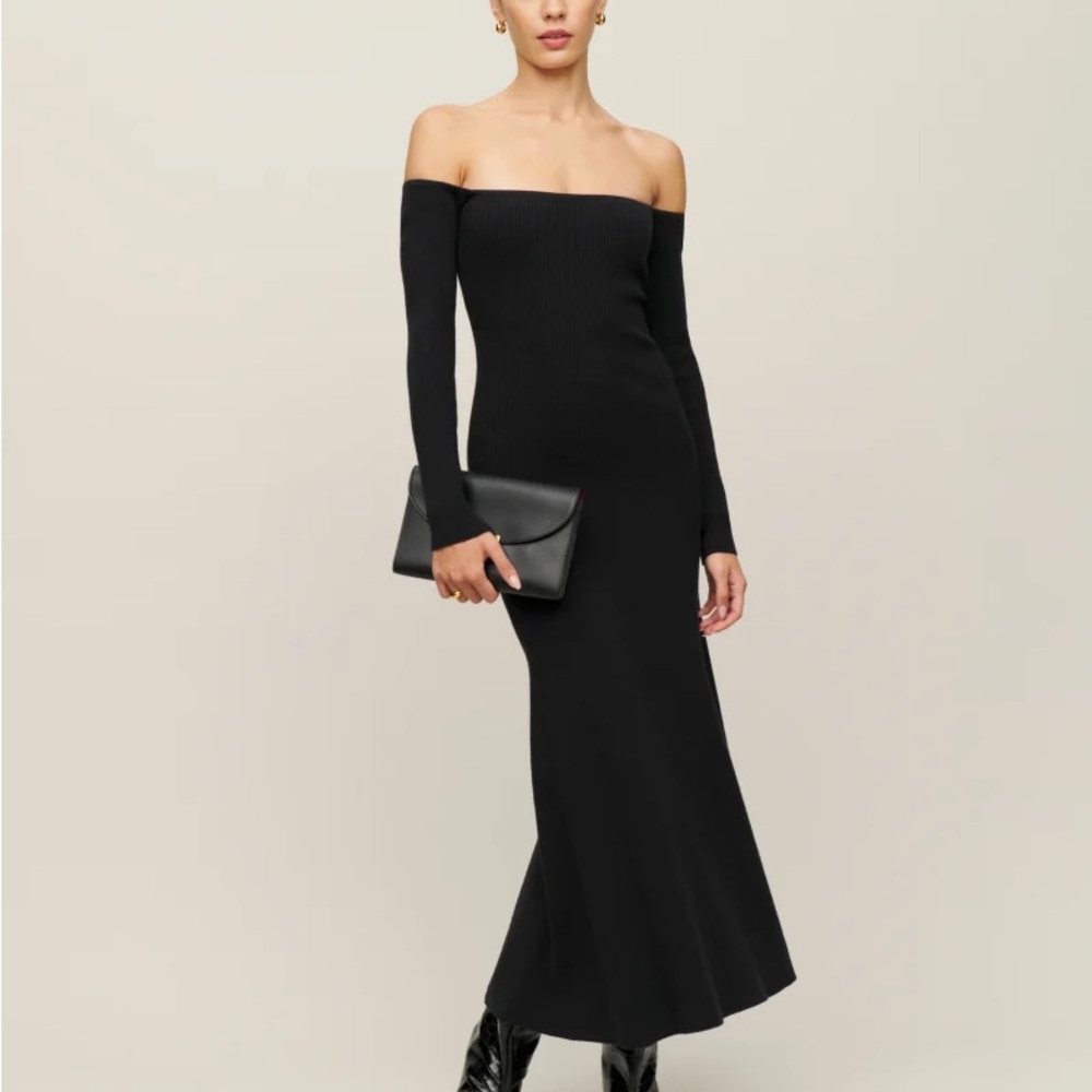 Reformation Black Symone Off-Shoulder Long Sleeve Dress